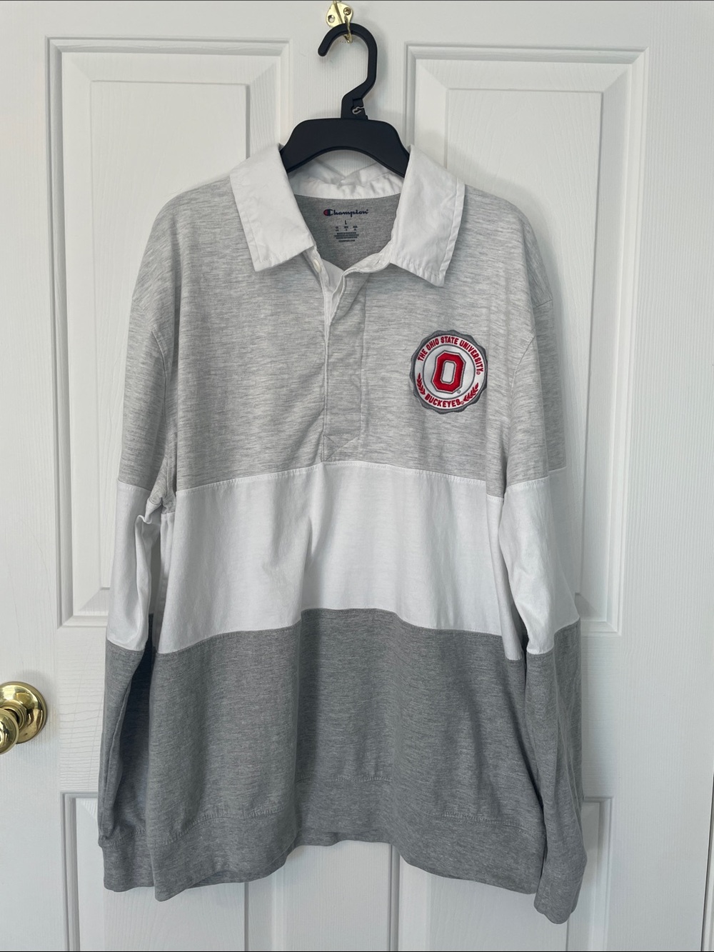 Champion Gray & White Rugby-Style Long Sleeve Polo with Red Logo
